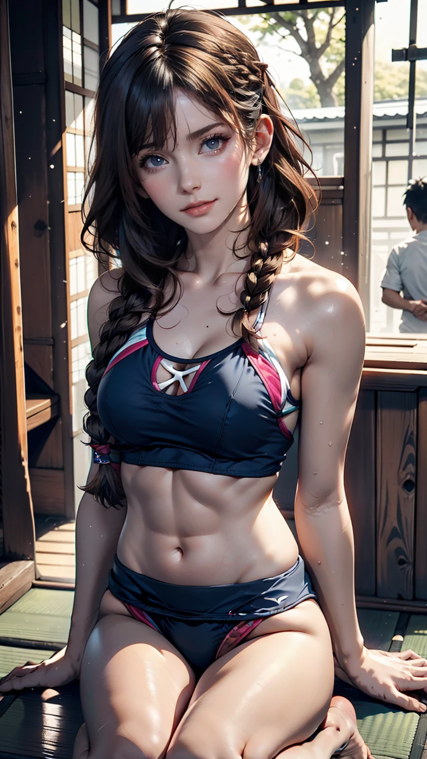 24-year-old woman、Japanese women、Multi braid((multiple braids))、Brown Hair、Sexy proportions、Narrow waist、Kneel on the ground、Brush your hair with both hands、School Swimsuit((japanese school swimwear))