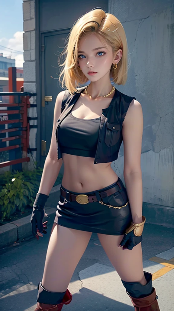 Moisturized skin,Realistic body,Android,(16 years old),(Girl),Collarbone,Earrings,(Cute face),Unfriendly,Anger,
BREAK,
Bright red lipstick,(Beautiful navel),(Golden hair),Beautiful hair,Short hair,
BREAK,
(Masterpiece, Top quality, High resolution, Highly detailed), (Full body:1.2),Symmetrical,One shot,
BREAK,
(Wind blowing),Outdoor,
BREAK,
Assassination,,Fantastic,Dynamism,(In the middle of war, Combat stance),(War,Blood,Chaos),(Android 18),Jewelry,(Denim vest),Black leather gloves,Pearl necklace,Jeans,Pushing hair aside,(Blue eyes),Denim skirt,Buckled belt,Fluorescent orange snow boots,Black leggings,