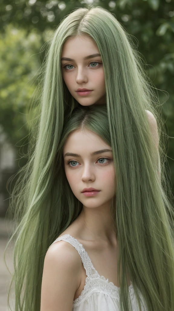 a beautiful girl. Europe. Oval face. delicate facial features. long straight green hair. messy hair. eyes dull and gentle. green eyes. Sad. shy