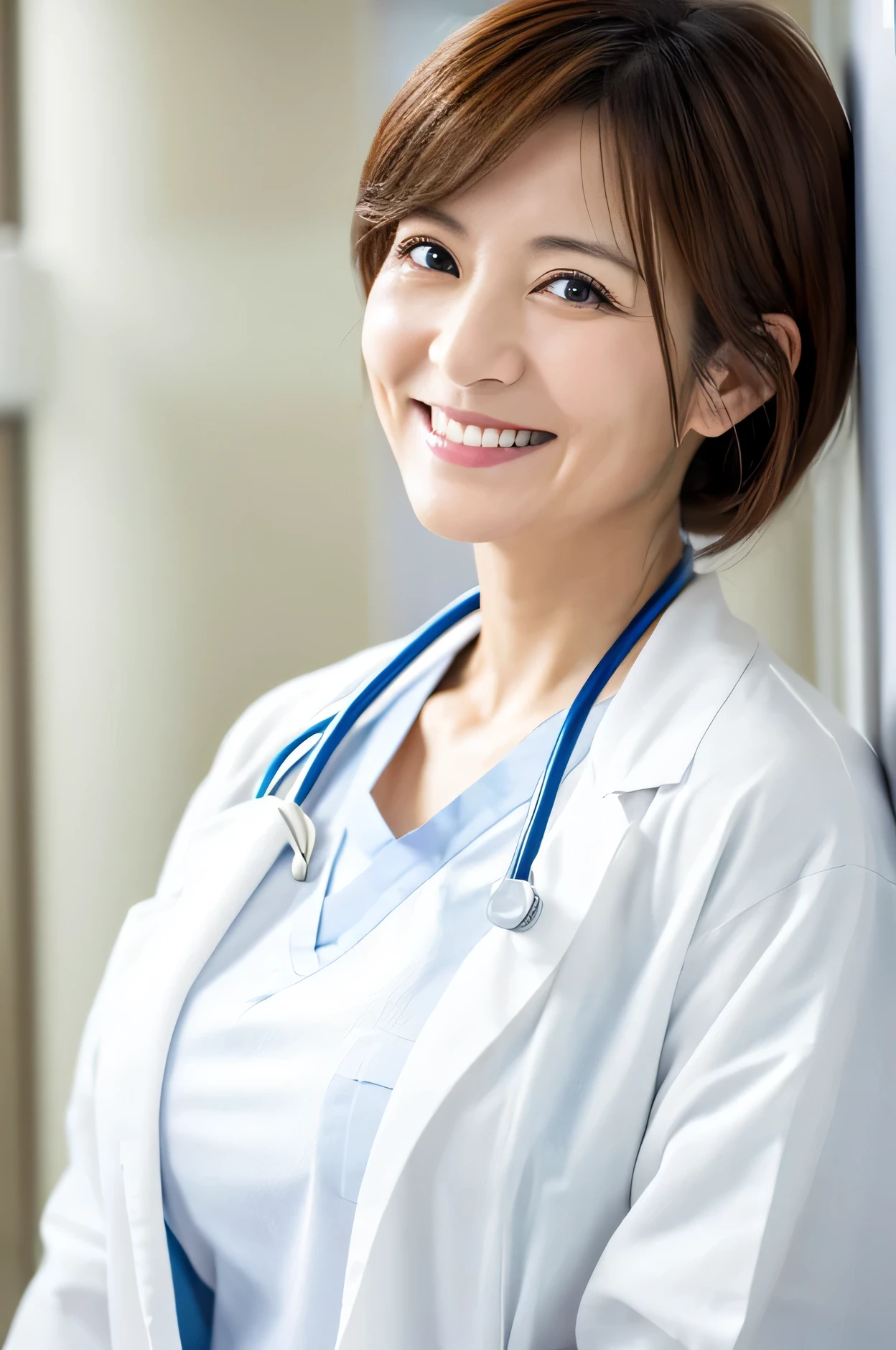 Photorealistic, high resolution, High resolution,Japan Beautiful Nurse, 44 years old, Mature Woman, Smile, White Lab Coat, whole body, hospital, ward