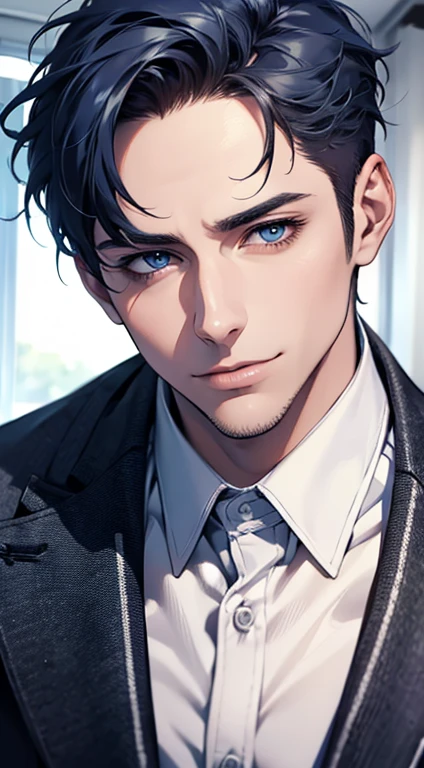 (best quality,4k,8k,highres,masterpiece:1.2),ultra-detailed,(realistic,photorealistic,photo-realistic:1.37),1 man,31 years old,mature man,very handsome,without expression,smile,short blue hair,blue eyes,penetrating gaze,perfect face without errors,imposing posture,businessman,office background,cinematic lighting,hdr image