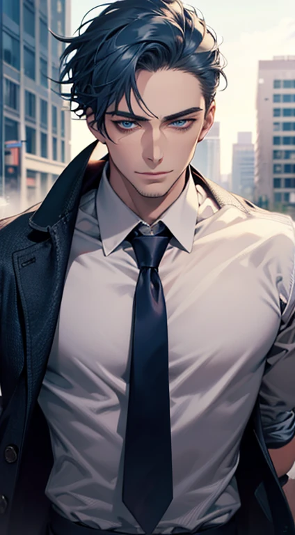 (best quality,4k,8k,highres,masterpiece:1.2),ultra-detailed,(realistic,photorealistic,photo-realistic:1.37),1 man,31 years old,mature man,very handsome,without expression,smile,short blue hair,blue eyes,penetrating gaze,perfect face without errors,imposing posture,businessman,office background,cinematic lighting,hdr image