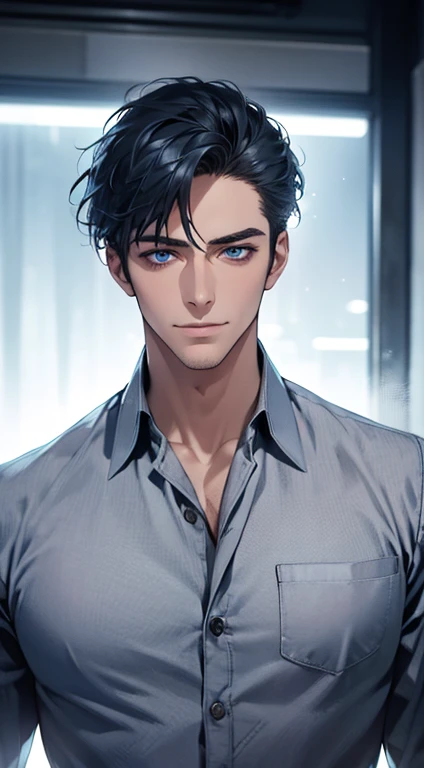 (best quality,4k,8k,highres,masterpiece:1.2),ultra-detailed,(realistic,photorealistic,photo-realistic:1.37),1 man,31 years old,mature man,very handsome,without expression,smile,short blue hair,blue eyes,penetrating gaze,perfect face without errors,imposing posture,businessman,office background,cinematic lighting,hdr image