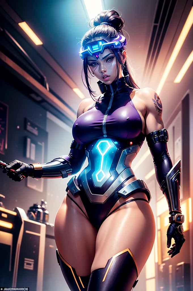 A perfect sexy, delicious and beautiful, Lush and very young extremely erotic android, strong cybernetic warrior with black African and oriental features, Japanese and Chinese, Soft Face, sexy e angelical, very sexy open mouth, mixed with the clone of the Greek warrior goddess Athena, with huge super ultra mega giant breasts, Brunetette, big plump and thick lips, extremely thin waist, very tanned and sweaty, HUGE big ASS, steep, HARD AND MUSCULOUS, Purple colored eyes, with barcode tattoos, transformed into an erotic and super sensual and extremely super ULTRA HIPER mega muscular astronaut goddess, fitness, bodybuilder, fit bodybuilder and weightlifter, very muscular thighs and super intensely muscular abdomen, wearing very short hair in punk style, super radical and purple and very smooth in locks, wearing sexy cyberpunk battle outfits, seen in the form of a hologram made only of light energy, coastal view, administrator and leader, noble queen goddess of a gigantic fleet of thousands of spaceships and hundreds of planets of her powerful stellar empire running courageously across the bridge of a star cruiser wearing a holographic helmet in the Corinthian battle format and with visor and horsehair topknot, of luminous Athenian warrior, electronic and futuristic posing extremely sexy, floating in space with rays and lights in the background and covered by a halo of white light that is at the same time a war helmet and a futuristic and modern queen's crown made of diamonds and lights