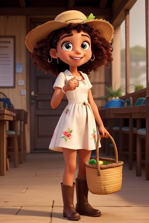 best qualityer. a girl, aged 13, loose white beach style dress. Simple and small brown rubber boot, chapéu de palha marrom com escrita legível as palavras Country Girl com letra legível e cor vermelha. A straw basket in the right hand filled with colorful flowers and twigs of fennel. Left hand waving a length. tanned skin color. eyes browns. Loose and curly hair. With a captivating smile on his face and red lips. It must contain the phrase "Country Girl" on the hat with legible letters