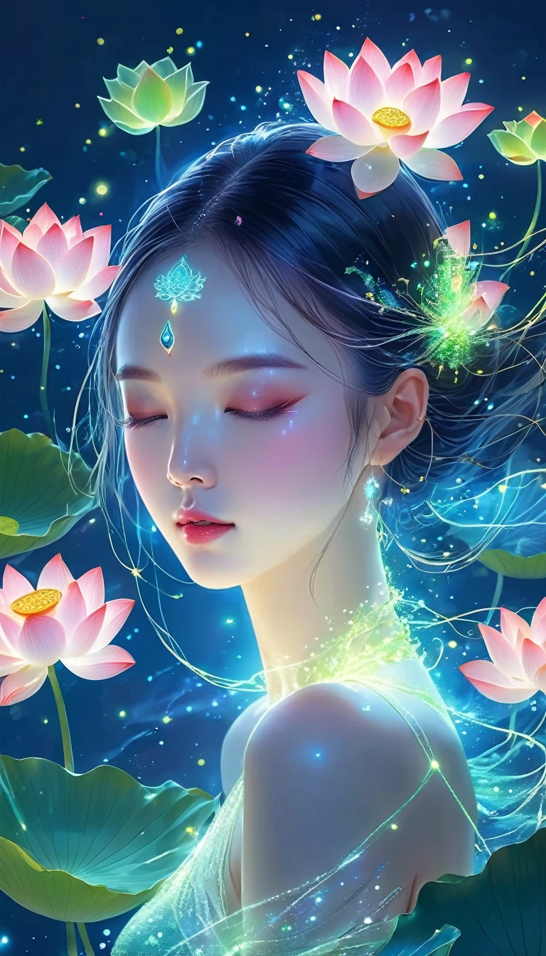 (Masterpiece, best quality:1.2), digital art style, Charming illustrations,Peace Picture,Ethereal beauty,Energy distribution,angel, beautiful eyes,Lotus Corolla,Tall lotus,lonely,glowในร่างกาย,เส้นglow,glow,ตัวอย่างglow,Tracking example,flash,萤light particles,backlight,translucent,light particles,Correct human anatomy,