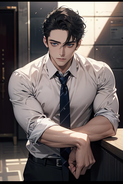 (Best Quality,4k,8k,high resolution,Masterpiece:1.2),ultra detailed,(realist,photorealist,photo-realist:1.37),1 man,31 years,mature man,very handsome,without expresion,muscled body,short gray black hair,Blue eyes,glare,perfect face without mistakes,imposing posture,businessman,office background,cinematic lighting,imagen HDR