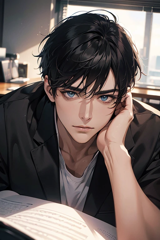 (Best Quality,4k,8k,high resolution,Masterpiece:1.2),ultra detailed,(realist,photorealist,photo-realist:1.37),1 man,31 years,mature man,very handsome,without expresion,muscled body,short gray black hair,Blue eyes,glare,perfect face without mistakes,imposing posture,businessman,office background,cinematic lighting,imagen HDR