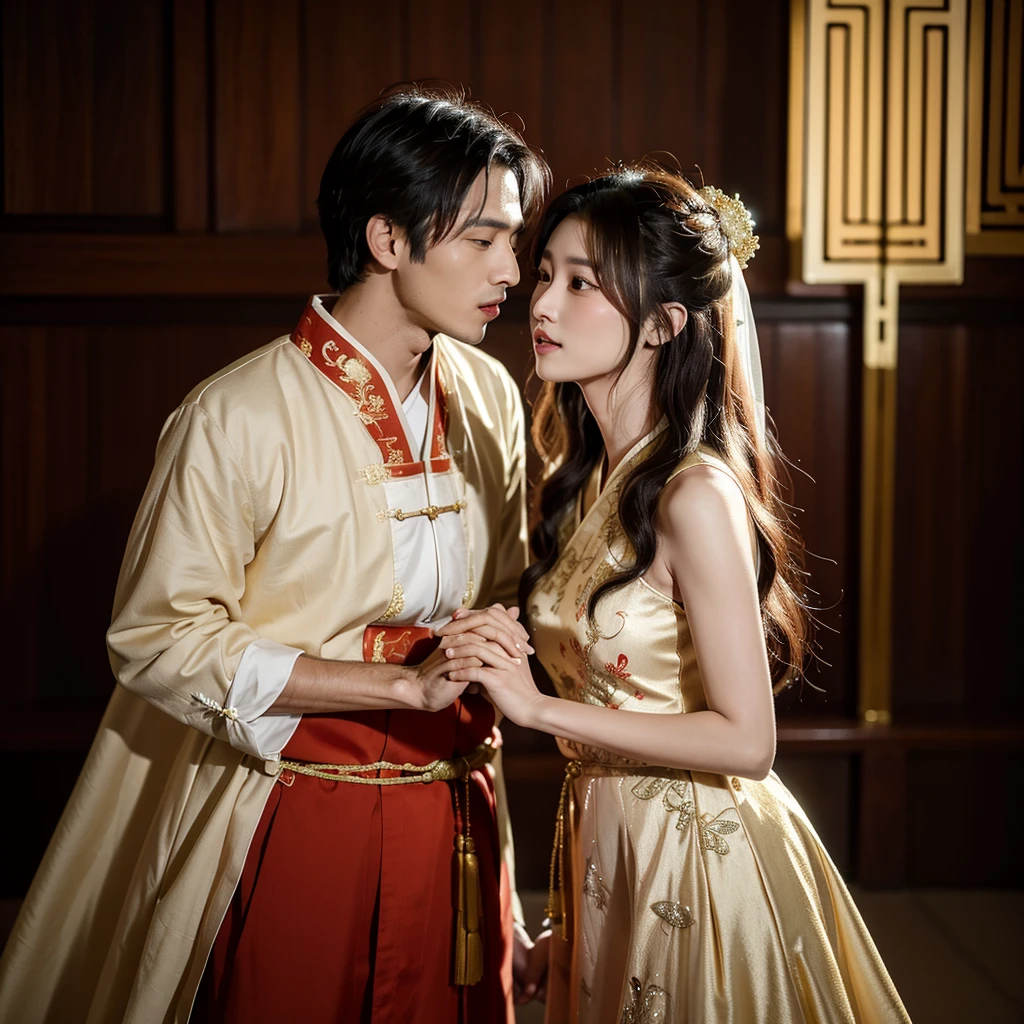 ((Highest quality)), ((masterpiece)), (detailed), （Perfect Face）、The woman is Ogiso Setsuna, with light brown, medium-long hair and is wearing a gorgeous red long-slit wedding Chinese dress with gold embroidery and trim.、The woman and the middle-aged Chinese man are embracing each other, kissing each other and holding hands in their wedding ceremony.