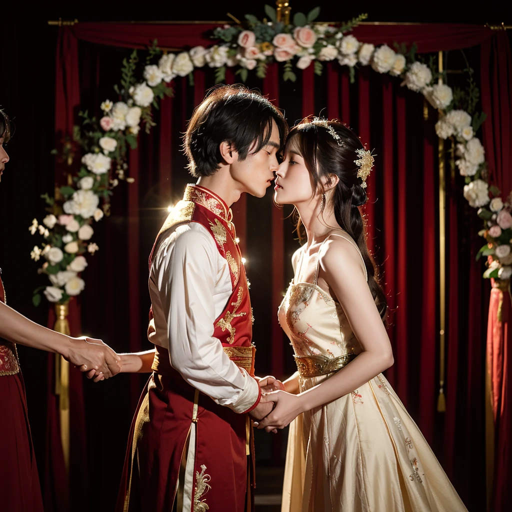 ((Highest quality)), ((masterpiece)), (detailed), （Perfect Face）、The woman is Ogiso Setsuna, with light brown, medium-long hair and is wearing a gorgeous red long-slit wedding Chinese dress with gold embroidery and trim.、The woman and the middle-aged Chinese man are embracing each other, kissing each other and holding hands in their wedding ceremony.