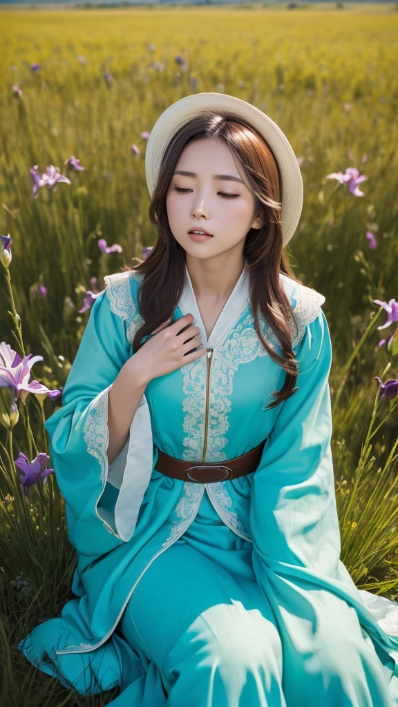 (Highest quality, masterpiece), Turquoise Screen Filter, (One girl, alone, Brown robes, expression, look up, Sitting, Wide sleeves, Iris, Mouth closed, Long Hair, Cowboy Shot), (sunny, Cosmos field, cloud),