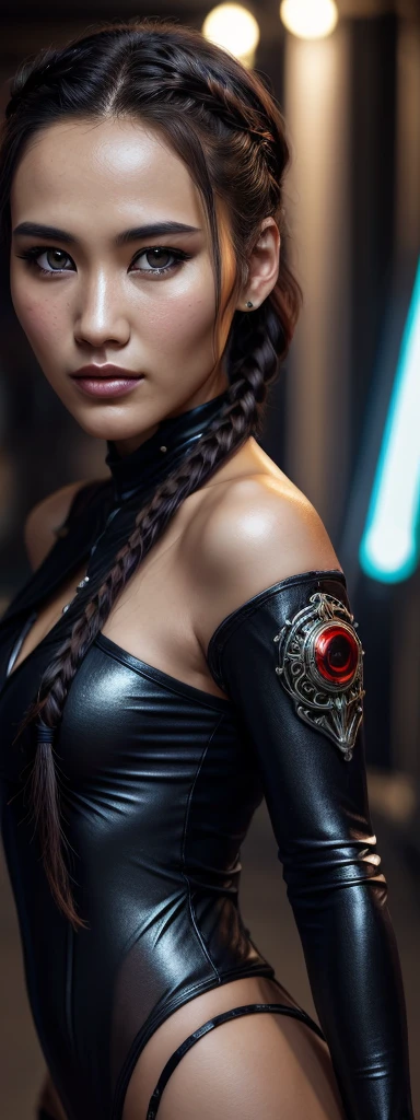 A beautiful Christina Chong beautiful face, narrowed eyes. smirk. black braided hair with narrowed eyes, a smirk, and black braided hair, wearing an intricate ornate chrome bodysuit, hostile assassin, 1girl, beautiful detailed eyes, beautiful detailed lips, extremely detailed eyes and face, long eyelashes, cinematic lighting, hyper realistic, 8k, high quality, masterpiece, photorealistic, professional, sharp focus, vivid colors, dark sci-fi, cyberpunk, advanced technology
