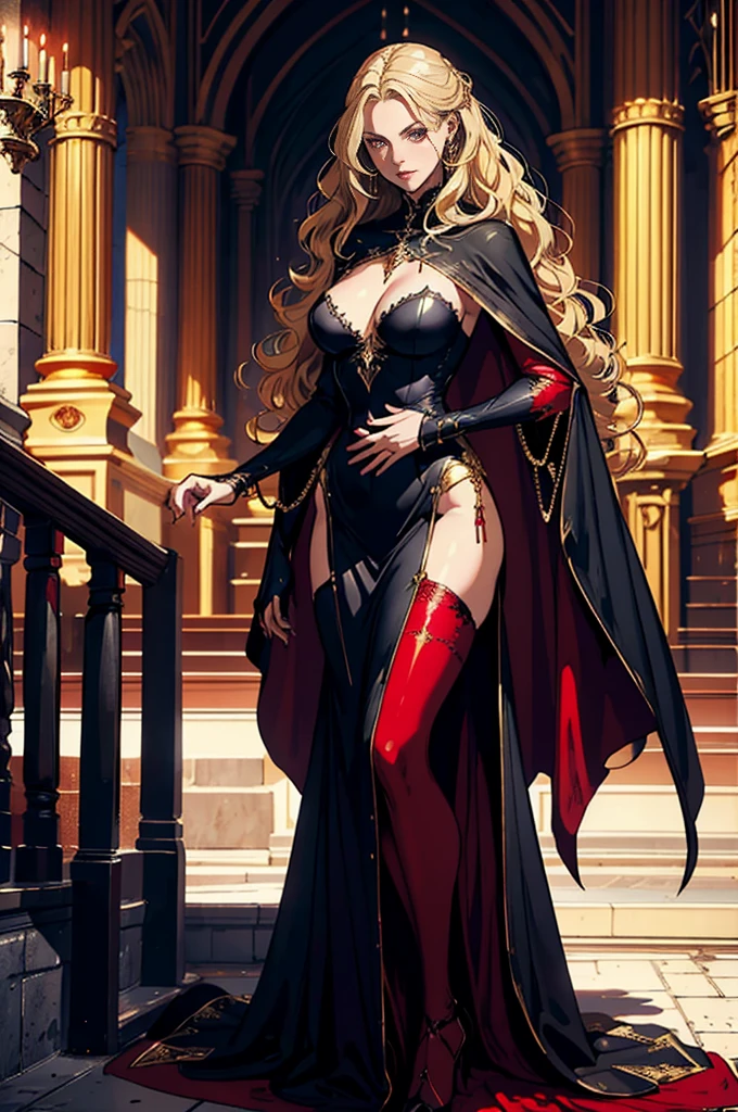 Dark Souls, Dim Light, Old Church, Mature Woman, slim, expensive, Long blonde curly hair, Long black cape, Red leotard with long skirt, Long skirt with diamonds, Gold bracelet, 8k, Official Style, European aristocracy, 