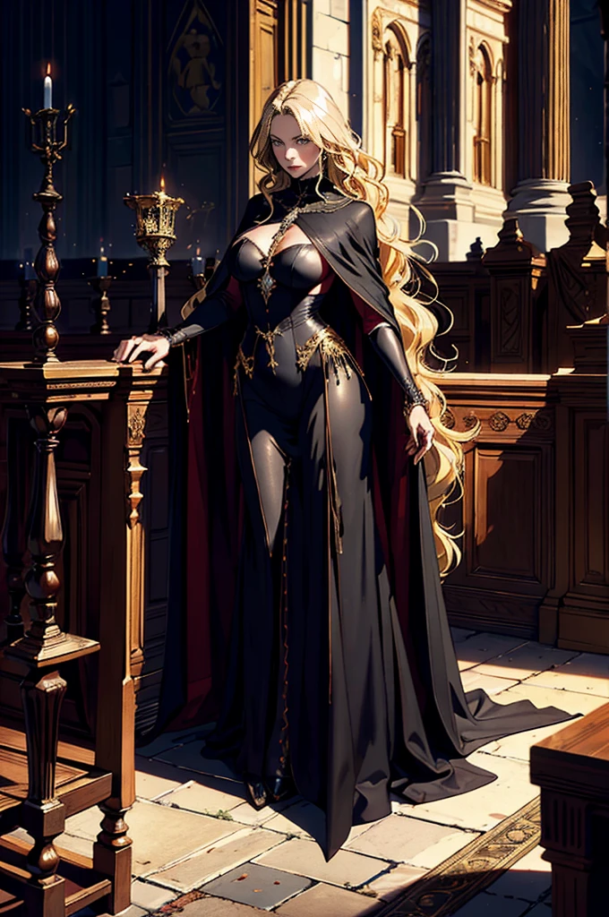 Dark Souls, Dim Light, Old Church, Mature Woman, slim, expensive, Long blonde curly hair, Long black cape, Red leotard with long skirt, Long skirt with diamonds, Gold bracelet, 8k, Official Style, European aristocracy,