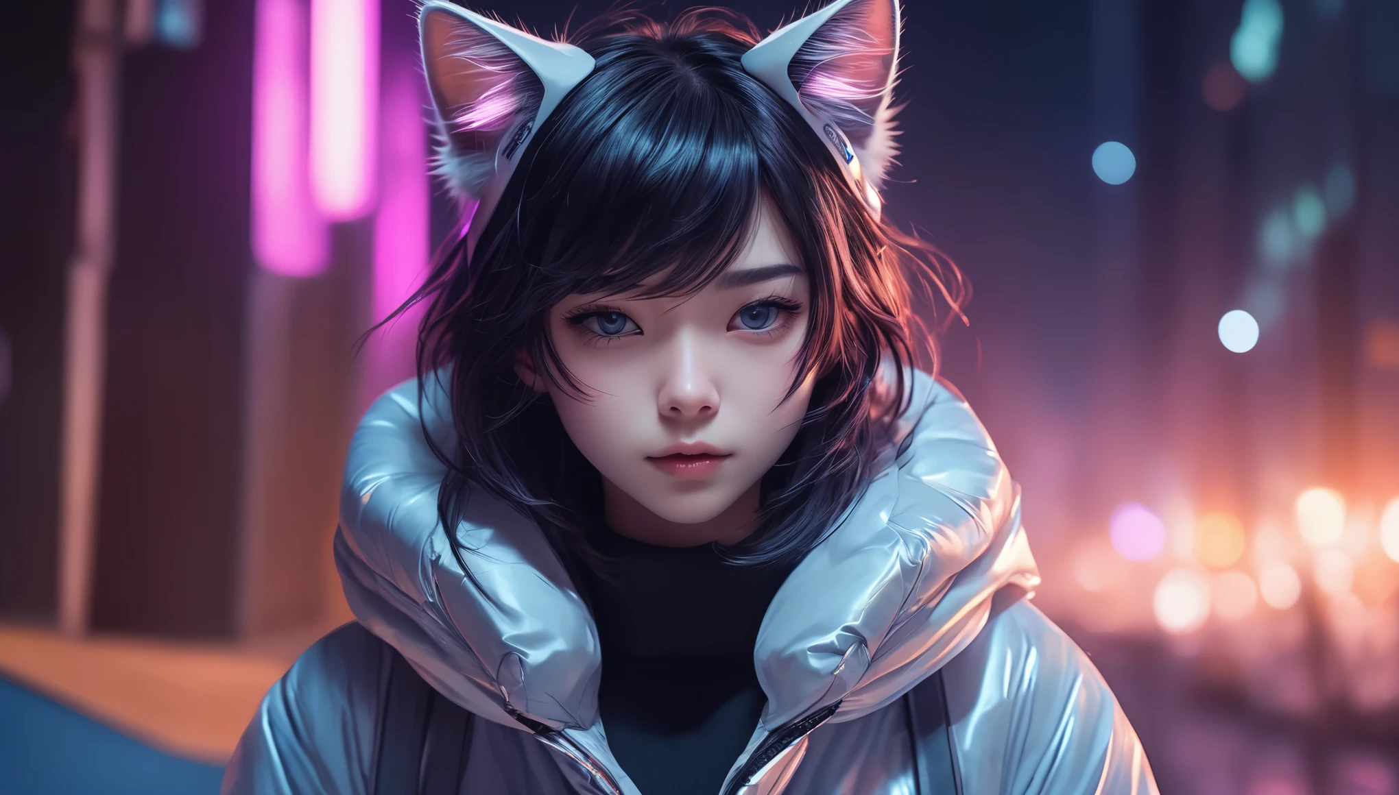 ((barely legal cat girl, with cat ears and choker, ((in an shiny open puffer with plunging neckline, wide cleavage, deep neckline)), small perky breasts, beautiful detailed eyes, beautiful detailed lips, small closed mouth, extremely detailed face, pale skin, random long hairstyle, small hips, next to a bed with silk sheets, fear on the face)), moody atmosphere, dramatic and random neon colors, futuristic setting, intricate details, night, backlight, full body shot, view from a distance, random pose