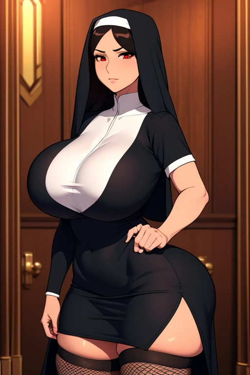 Super-detailed, 8k HD, 3d art style, 1 girl, solo, mature, tan skin, beautiful and detailed face, detailed hand, long black hair, red eye, slender hips, thick thighs, huge and droopy breast, huge round ass, expressionless, nun dress, thigh high fishnet stocking, standing at the church door, greeting viewer
