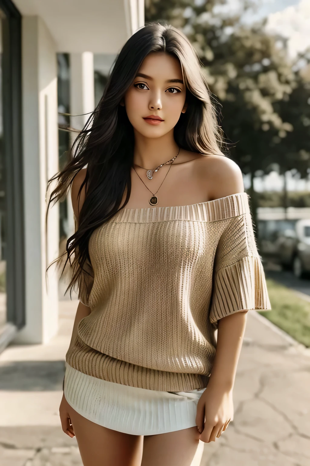 1girl in, age19, Solo, Long hair, Colossal , Looking at Viewer, blondehair, Bare shoulders, Brown eyes, jewely, Full body, a necklace, off shoulders, Sweaters, Realistic, A sexy ,black hair 