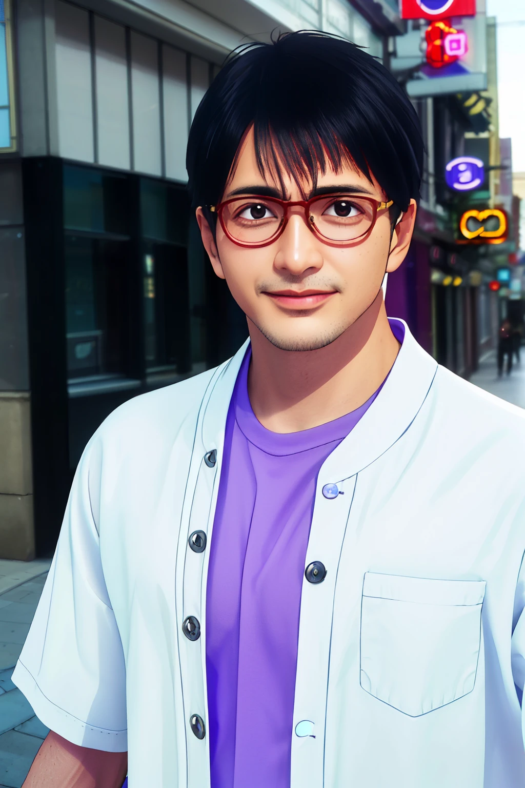 (best quality,high resolution,Extremely detailed) A 40-year-old man with black hair and oriental hair wearing white clothes, Wearing gold-rimmed glasses, . He has short hair.On the Street. Wearing a purple shirt.light coat . Right hand showing love.Front with one hand in pocket,Carrying camera on chest.,Have dimples