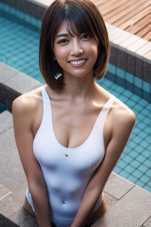 gorgeous woman, 1 girl, white onepiece swimsuit:1.2, skinny, healthy, perfect body:1.2, abs:1.1, Gold hair:1.400, Rain Wet, wet body:1.2, night pool room:1.6, ultra-detailed face, detailed lips, detailed eyes, double eyelids, pubic hair, black skin, trimmed bangs, shy smile, (best quality,8k,masterpiece:1.3) Frontal and full-body shot プッシーライン