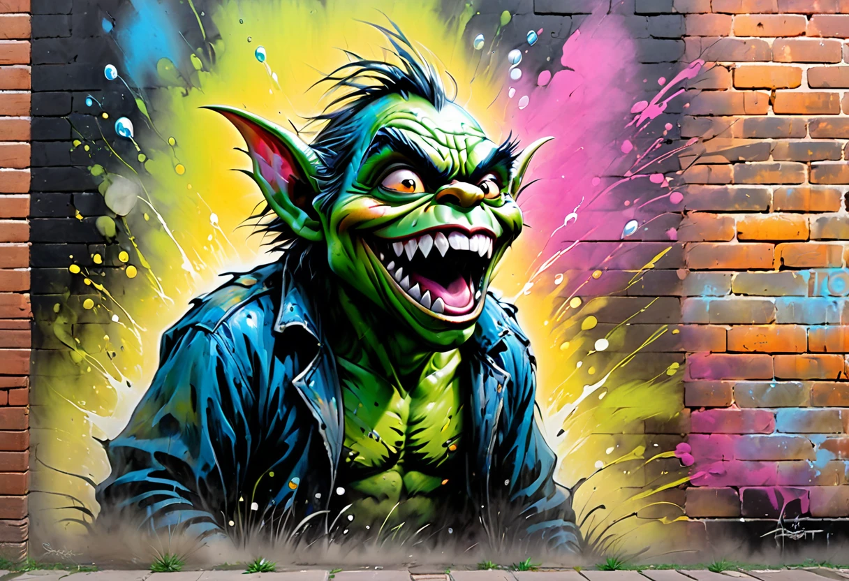 graffiti, pastel, graffiti on brick wall, Spray paint on wall, colorful graffiti, street art, Spray paint, street canvas, graffiti artist, graffiti art, Spray art, aerosol art, (((old worn brick wall: 1.4))). (((Aerosols: 1.3))). (((old shabby brick wall: 1.4))), ((Best Quality)), ((Masterpiece)) RTX, 8K, HDR, Movie Story, Watercolor, Oil Paint, Vibrant Saturated Colors, Bernie Wrightson, Darek Zabrocki, Gabriele Dell'Otto, It's Raining, Alexi Bricaud, Scary and Grungy Goblin Look, Cartoon Style, Scream, Dark Aesthetics, Illuminating Light, Full Frame, Action Pose, Cataclysmic Movement, Crazy Details, Intricate Details, Beautifully Shot, Sharp Focus, 6 Perfect Anatomy, Best Composition, High Contrast, Cinematography, Best Art, Atmospheric, Dark, Grotesque,