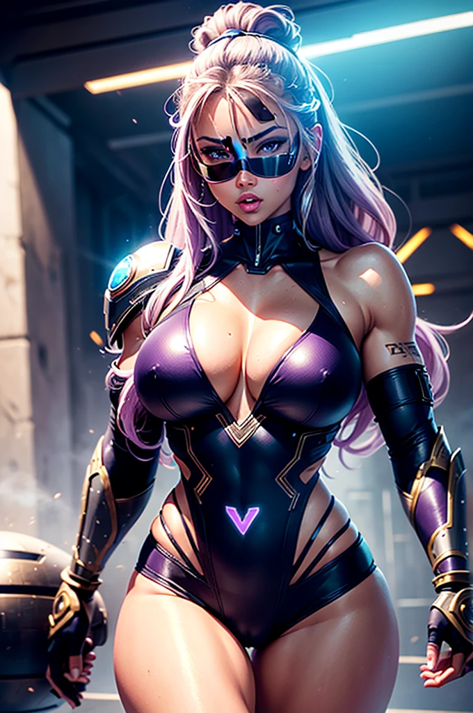 A perfect sexy, delicious and beautiful, Lush and very young extremely erotic android, strong cybernetic warrior with black African and oriental features, Japanese and Chinese, Soft Face, sexy e angelical, very sexy open mouth, mixed with the clone of the Greek warrior goddess Athena, with huge super ultra mega giant breasts, Brunetette, big plump and thick lips, extremely thin waist, very tanned and sweaty, HUGE big ASS, steep, HARD AND MUSCULOUS, Purple colored eyes, with barcode tattoos, transformed into an erotic and super sensual and extremely super ULTRA HIPER mega muscular astronaut goddess, fitness, bodybuilder, fit bodybuilder and weightlifter, very muscular thighs and super intensely muscular abdomen, wearing very short hair in punk style, super radical and purple and very smooth in locks, wearing sexy cyberpunk battle outfits, seen in the form of a hologram made only of light energy, coastal view, administrator and leader, noble queen goddess of a gigantic fleet of thousands of spaceships and hundreds of planets of her powerful stellar empire running courageously across the bridge of a star cruiser wearing a holographic helmet in the Corinthian battle format and with visor and horsehair topknot, of luminous Athenian warrior, electronic and futuristic posing extremely sexy, floating in space with rays and lights in the background and covered by a halo of white light that is at the same time a war helmet and a futuristic and modern queen's crown made of diamonds and lights