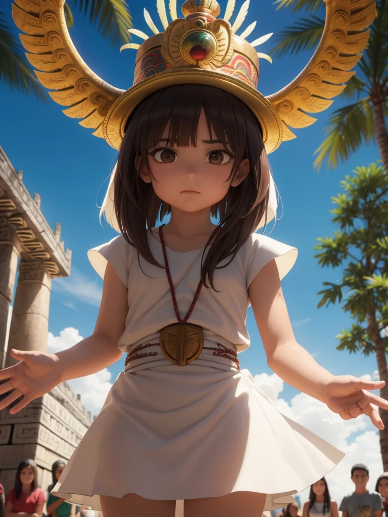 Childish, high quality、Very detailed、8Year、Mayan Aztec young priestess、Flying Feathered Serpent(Quetzalcoatl Kukulkan)look up at the sky and pray、Chichen Itza Forest Temple of the Sun、mysterious、whole body