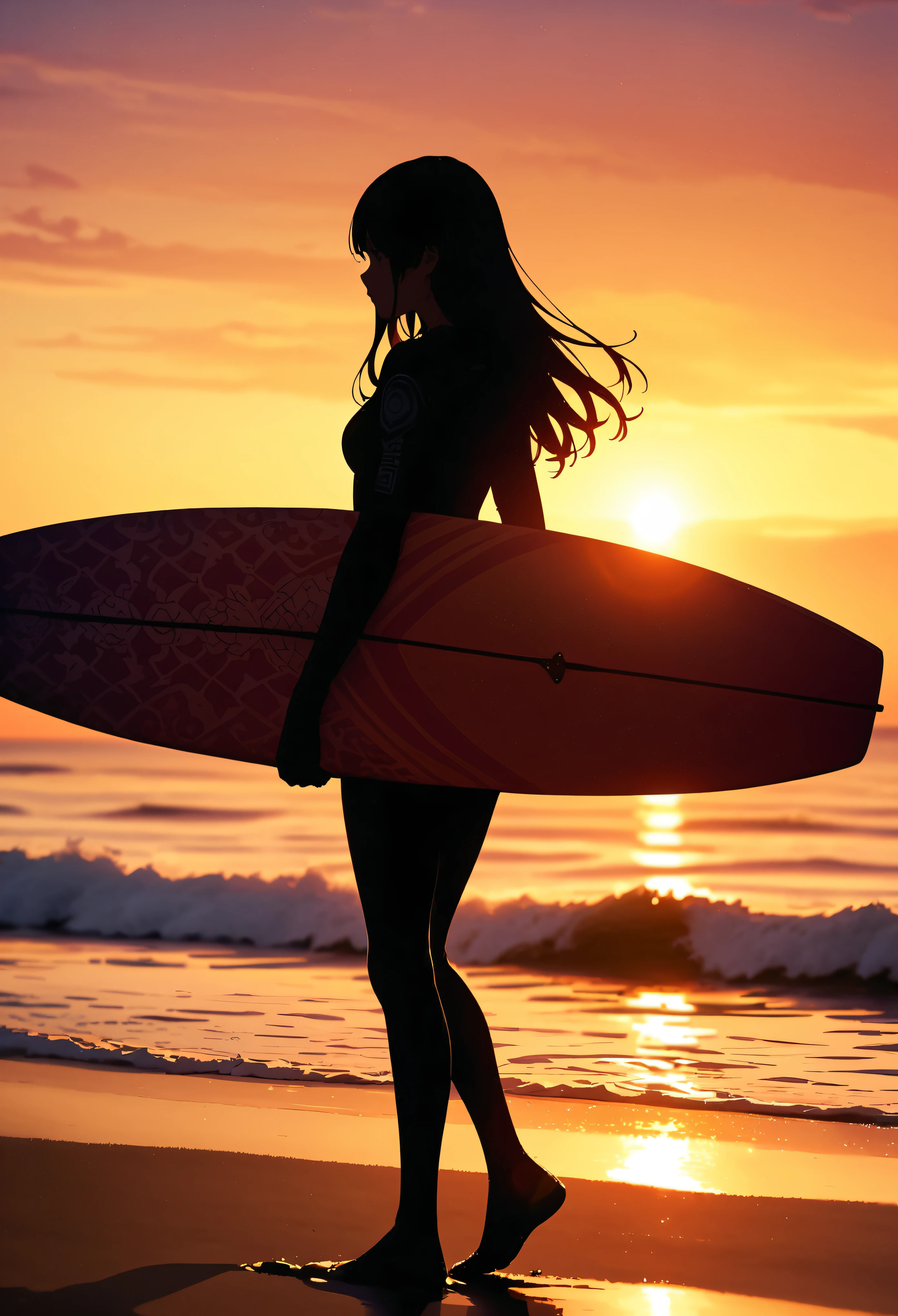 coastal, Sandy beach scenery, 1 Female, surfer, Put a surfboard on the beach, Women standing on surfboards, Long Hair, Back view:1.4, Wetsuits, Detailed pattern of a surfboard, Intricate Design, Magic Hour, Backlight, silhouette, Lonely atmosphere, Light and shadow with attention to detail, Background Blur, (Highest quality, Very detailed, Delicate and beautiful CG art, anime, animeスタイル, Detailed illustrations, Attention to detail, masterpiece:1.2, Best aesthetics),