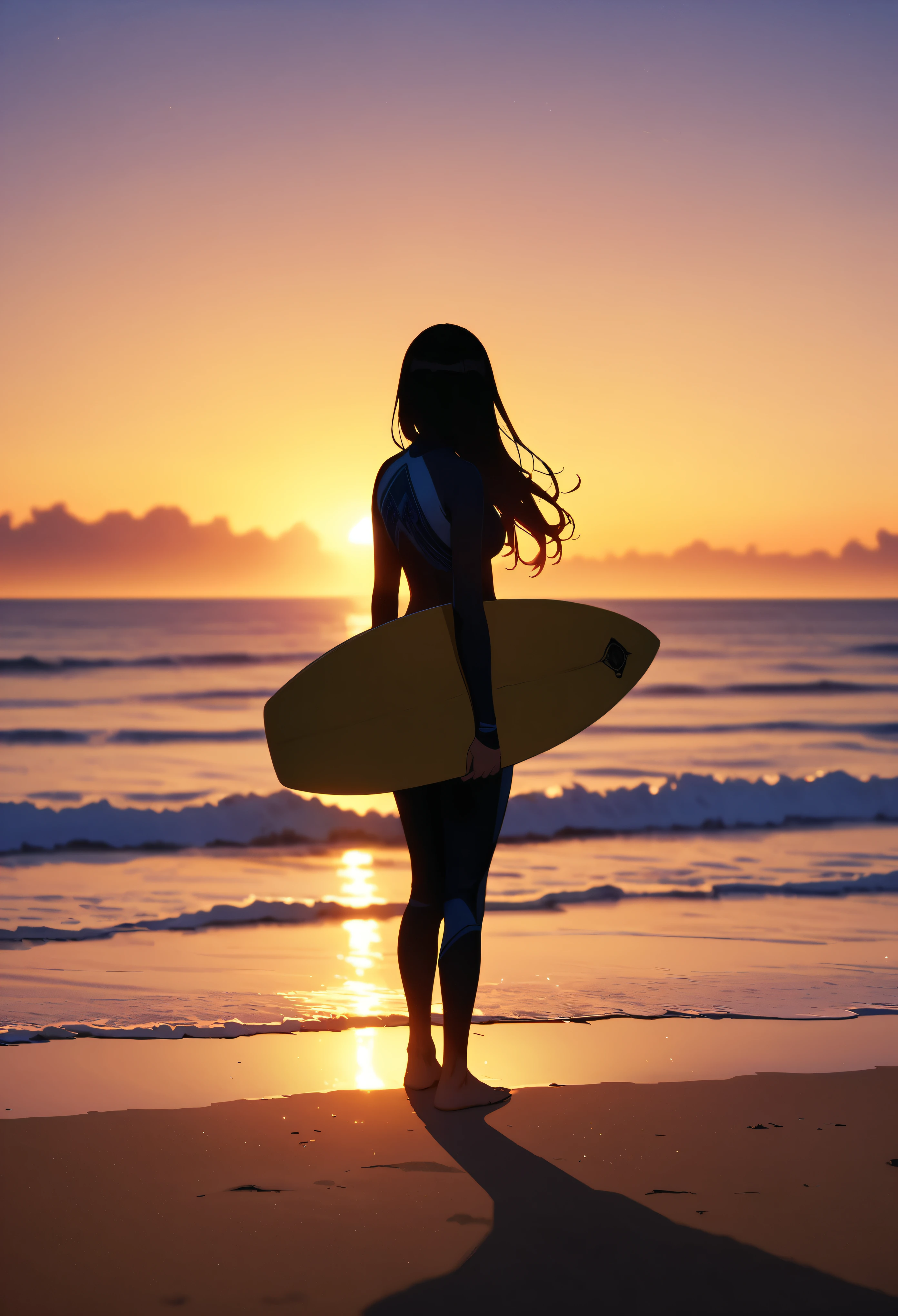 coastal, Sandy beach scenery, 1 Female, surfer, Put a surfboard on the beach, Women standing on surfboards, Long Hair, Back view:1.4, Wetsuits, Detailed pattern of a surfboard, Intricate Design, Magic Hour, Backlight, silhouette, Lonely atmosphere, Light and shadow with attention to detail, Background Blur, (Highest quality, Very detailed, Delicate and beautiful CG art, anime, animeスタイル, Detailed illustrations, Attention to detail, masterpiece:1.2, Best aesthetics), 