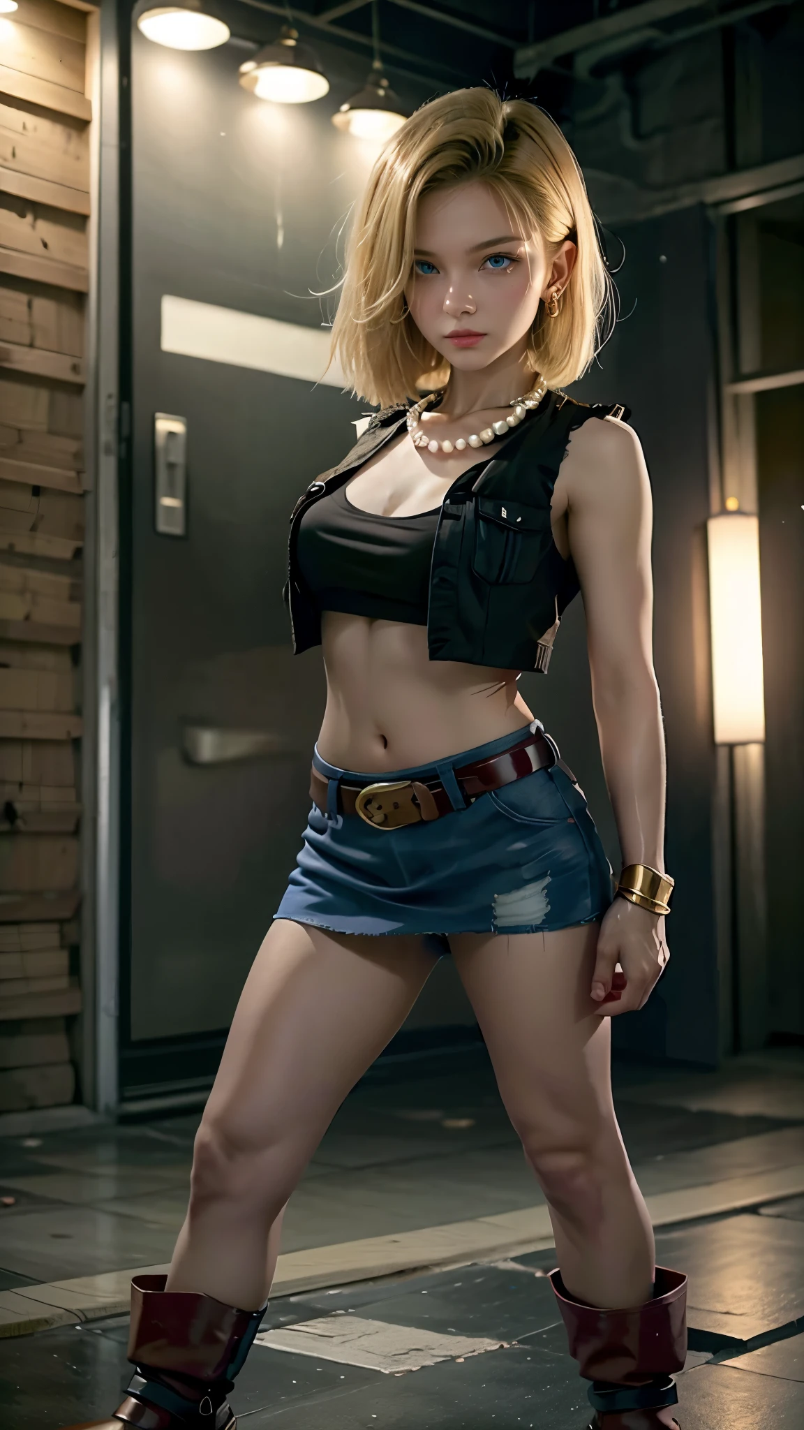 Moisturized skin,Realistic body,Android,(),(Girl),Collarbone,Earrings,(Cute face),Unfriendly,Anger,
BREAK,
Bright red lipstick,(Beautiful navel),(Golden hair),Beautiful hair,Short hair,
BREAK,
(Masterpiece, Top quality, High resolution, Highly detailed), (Full body:1.2),Symmetrical,One shot,
BREAK,
(Wind blowing),Outdoor,
BREAK,
Assassination,,Fantastic,Dynamism,(In the middle of war, Combat stance),(War,Blood,Chaos),(Android 18),Jewelry,(Denim vest),Black leather gloves,Pearl necklace,Jeans,Pushing hair aside,(Blue eyes),Denim skirt,Buckled belt,Fluorescent orange snow boots,Black leggings,
