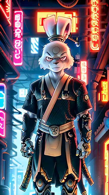 (1man, usagi yojimbo), (extremely detailed CG unit 8k wallpaper),(master part), (best quality), (ultra detali), (best illustration),(Samurai, Cybernetic), cowboy shot, (Sharp eyeliner, ombre, detailed eyes:1), dark neon light cyberpunk indoors,break , (artwork), upper body