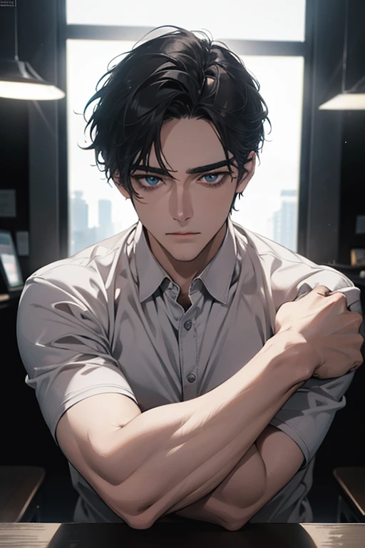 (Best Quality,4k,8k,high resolution,Masterpiece:1.2),ultra detailed,(realist,photorealist,photo-realist:1.37),1 man,31 years,mature man,very handsome,without expresion,muscled body,short gray black hair,Blue eyes,glare,perfect face without mistakes,imposing posture,businessman,office background,cinematic lighting,imagen HDR