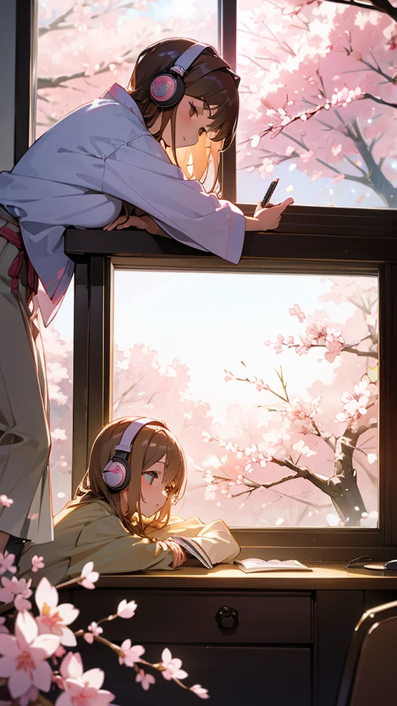 Beautiful girl studying in her room while listening to music with headphones、Warm lighting、Outside the room, cherry blossoms are blooming、Japanese anime style