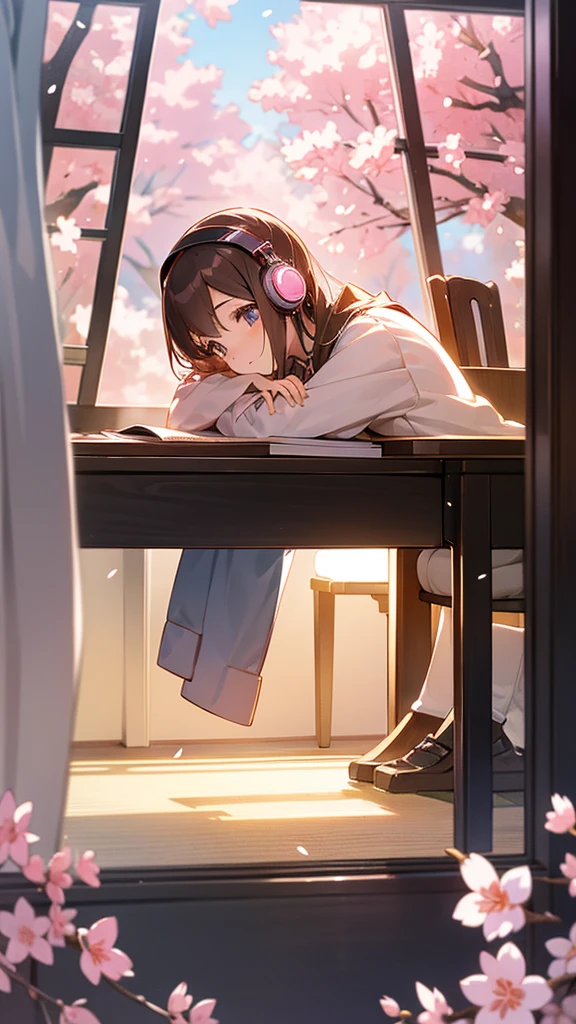 Beautiful girl studying in her room while listening to music with headphones、Warm lighting、Outside the room, cherry blossoms are blooming、Japanese anime style
