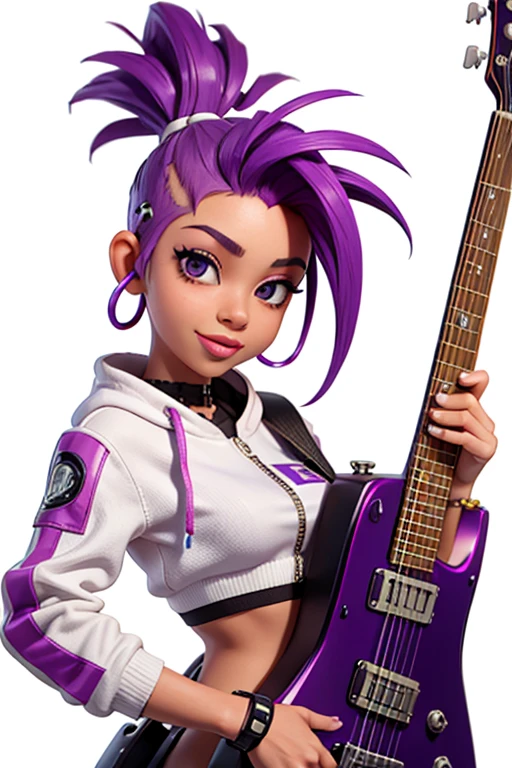 one,8k highly detailed, casual games, , 3D art style, Half body photo,White background,big eyes,cute,Model posing,mature African American woman,solid color background, purple Mohawk hair,Smile,(((White background))),((Cyberpunk clothing)),Punk clothes,cyberpunk style,Show belly,Face shot, purple Mohawk hair, playing a electric guitar, singing into a microphone, with big perfect lips. 