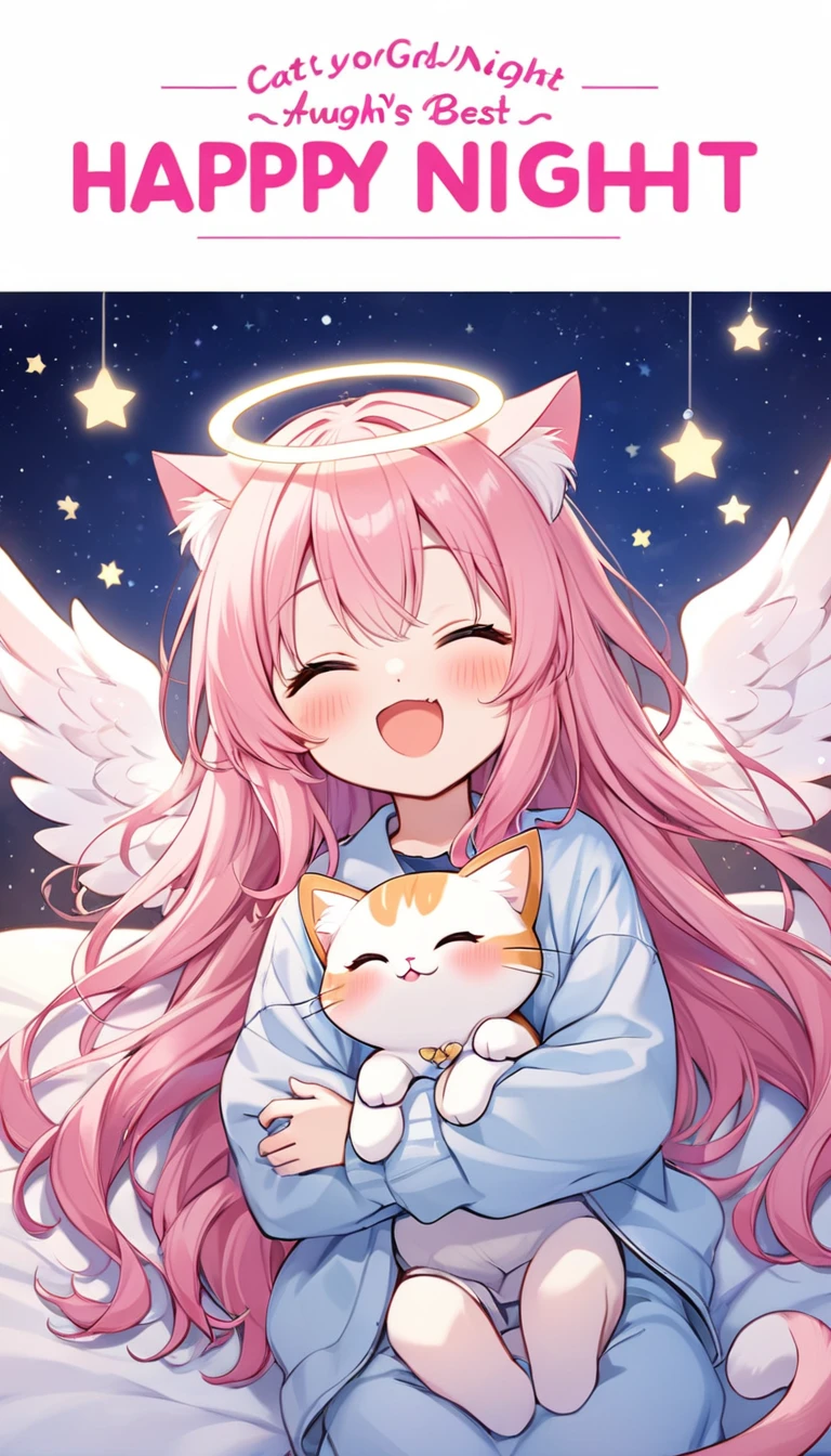 daily anime style,kawaii shota,angel halo and wing,cat ear and tail,pink hair,wavy long hair,
good night,good night,good night,good night,World's Best Good Night,happy laugh,