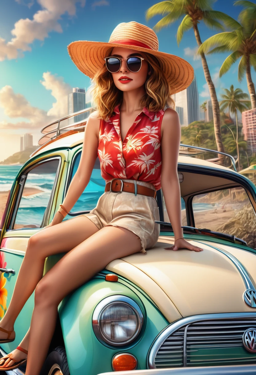 Beautiful young woman wearing sunglasses, straw hat, vintage aloha shirt and sandals, with her beagle and surfboard on the roof of a red vintage Volkswagen Beetle at the beach. Cityscape in the background, Cinematic lighting, Vibrant colors, Beautifully detailed eyes, Beautifully detailed lips, Highly detailed face, Long eyelashes, (Best Quality, 4k, 8k, High Resolution, Masterpiece: 1.2), Ultra Detailed, (Realistic, Photorealistic, Photorealistic: 1.37), Highly detailed, Exquisite details, Vibrant colors, Warm lighting, City pop aesthetic