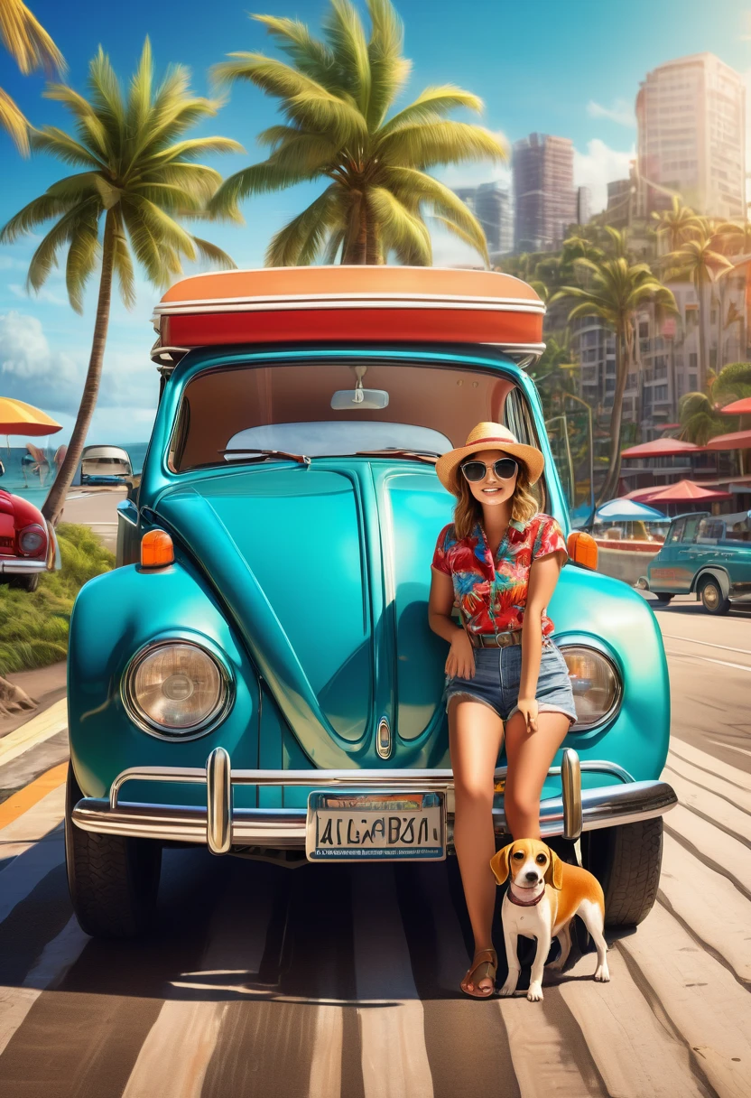 Beautiful young woman wearing sunglasses, straw hat, vintage aloha shirt and sandals, with her beagle and surfboard on the roof of a red vintage Volkswagen Beetle at the beach. Cityscape in the background, Cinematic lighting, Vibrant colors, Beautifully detailed eyes, Beautifully detailed lips, Highly detailed face, Long eyelashes, (Best Quality, 4k, 8k, High Resolution, Masterpiece: 1.2), Ultra Detailed, (Realistic, Photorealistic, Photorealistic: 1.37), Highly detailed, Exquisite details, Vibrant colors, Warm lighting, City pop aesthetic