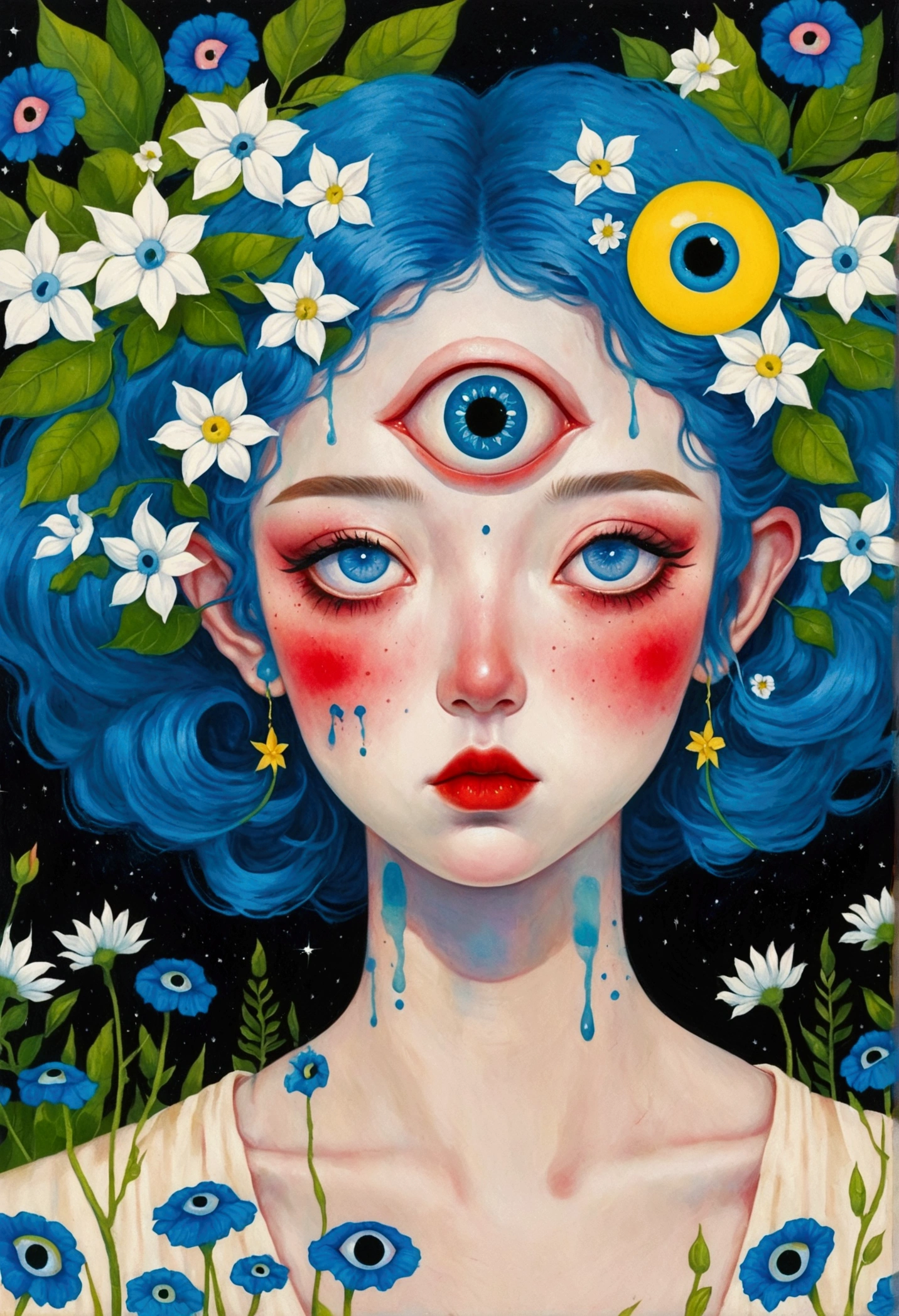 The painting shows a woman with blue hair and blue eyes，Surrounded by flowers, Nandor Katona (Soldier Nándor) Surrealism, Winner of the Behance competition, Pop surrealism, Pop surrealism lowbrow art style, lowbrow Pop surrealism, japanese Pop surrealism, Third Eye Vision, Star-studded eyes, The Third Eye, Portrait of a mysterious giant eye, Psychedelic illustration