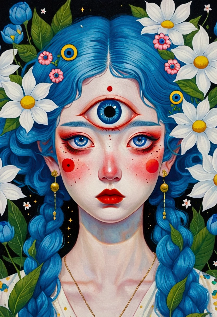 The painting shows a woman with blue hair and blue eyes,Surrounded by flowers, Nandor Katona (Soldier Nándor) Surrealism, Winner of the Behance competition, Pop surrealism, Pop surrealism lowbrow art style, lowbrow Pop surrealism, japanese Pop surrealism, Third Eye Vision, Star-studded eyes, The Third Eye, Portrait of a mysterious giant eye, Psychedelic illustration