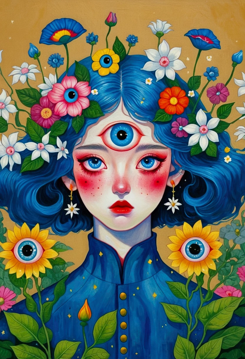 The painting shows a woman with blue hair and blue eyes,Surrounded by flowers, Nandor Katona (Soldier Nándor) Surrealism, Winner of the Behance competition, Pop surrealism, Pop surrealism lowbrow art style, lowbrow Pop surrealism, japanese Pop surrealism, Third Eye Vision, Star-studded eyes, The Third Eye, Portrait of a mysterious giant eye, Psychedelic illustration