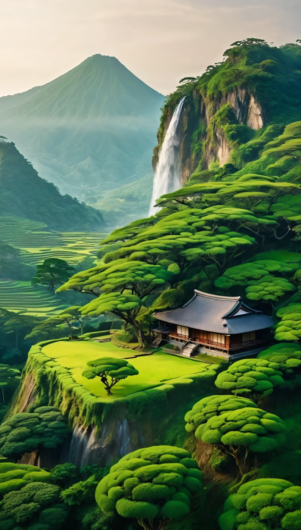 Green savana, tree in the middle, Beside the tree there is a japanese house, there are mountain with waterfall, morning vibes, top angle, 4K