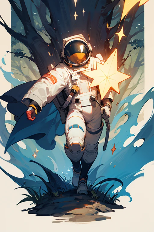 Astronaut with his suit in a fantasy medieval land , in a magical forest, surrounded by a magic star and it's night