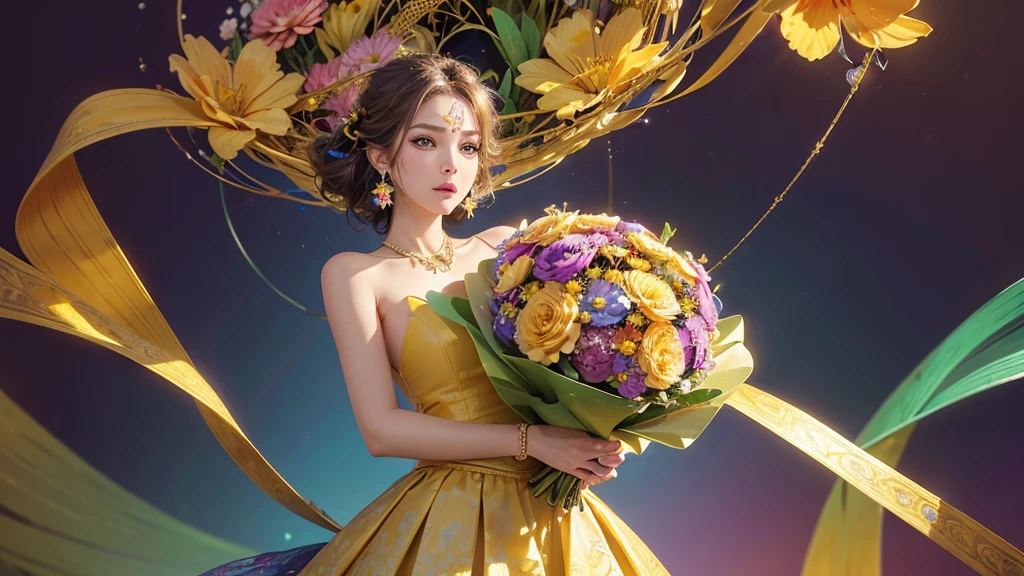 32K, 最高quality, 最高masterpiece, (ultra-Detailed Background, Detailed Background), High resolution, Super detailed, Very detailedな, One girl, (bouquet:1.3), (Tangled:1.2), (Geometric:1.2),(colorful),(masterpiece, quality, best quality, Official Art, Beautiful and beautiful:1.2), (1 girl:1.3), Very detailed,(colorful:1.1)(Flowers:1.3),Most detailed,(Tangled:1.2), whole body, (Abstract background:1.3), (Skin glows), (Many colors:1.4), ,(Earrings Jewelry:1.5), Yellow background,