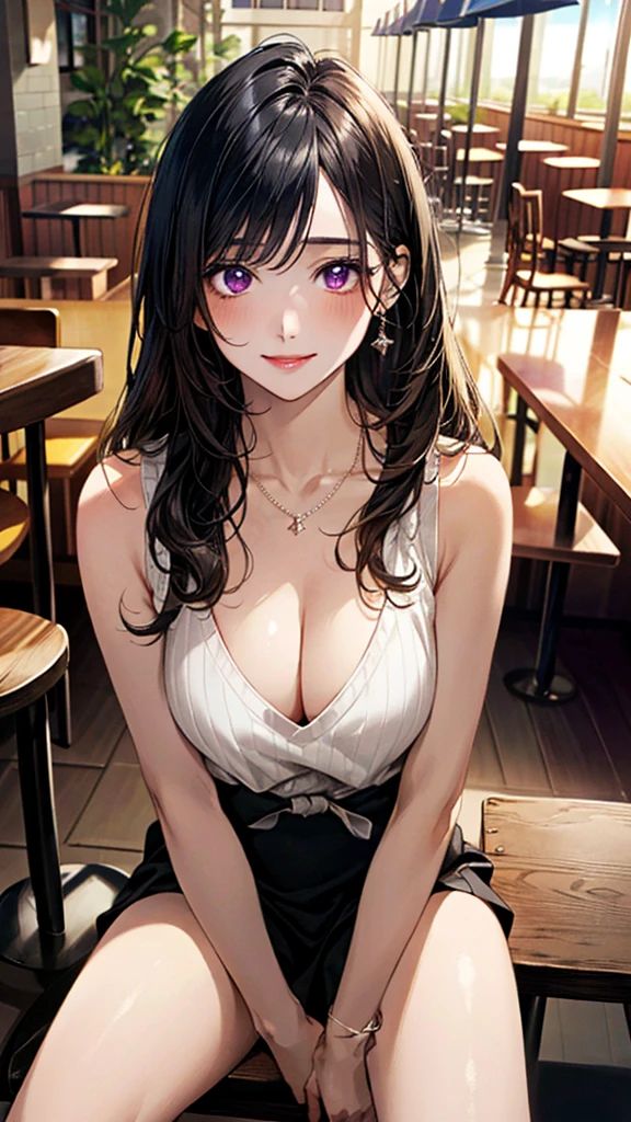 (masterpiece:1.3, Highest quality, Ultra-high resolution, Super detailed), (Realistic, photoRealistic:1.4), Beautiful illustrations, Perfect lighting, Natural light, colorful, Depth of written boundary, Surrealism,
Beautiful detailed hair, Beautifully detailed face, Beautiful attention to detail, beautiful clavicle, Beautiful body, Beautiful breasts, Beautiful thighs, Beautiful feet, Beautiful fingers, Glowing Skin,
View your viewers, 1 girl, Japanese, , (Perfect Anatomy, Anatomically correct, Highly detailed skin), Cute and symmetrical face, Baby Face, Perfect Face, Perfect Eyes, thin,
(Long Hair:1.8, Straight hair, Black Hair), bangs, Purple eyes, Droopy eyes, Long eyelashes, (Medium chest, Captivating thighs),
Sleeveless sweater, Strappy high heels, Mid-length skirt, belt, Wrist Chakra, necklace, clavicle, Cleavage,
(Beautiful views), evening, (Cafe:1.5), Chair, (Drinking coffee, Crossing your legs), (Cute smile, Lips parted),