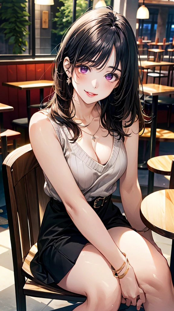 (masterpiece:1.3, Highest quality, Ultra-high resolution, Super detailed), (Realistic, photoRealistic:1.4), Beautiful illustrations, Perfect lighting, Natural light, colorful, Depth of written boundary, Surrealism,
Beautiful detailed hair, Beautifully detailed face, Beautiful attention to detail, beautiful clavicle, Beautiful body, Beautiful breasts, Beautiful thighs, Beautiful feet, Beautiful fingers, Glowing Skin,
View your viewers, 1 girl, Japanese, , (Perfect Anatomy, Anatomically correct, Highly detailed skin), Cute and symmetrical face, Baby Face, Pce, Perfect Eyes, thin,
(Long Hair:1.8, Straight hair, Black Hair), bangs, Purple eyes, Droopy eyes, Long eyelashes, (Medium chest, Captivating thighs),
Sleeveless sweater, Strappy high heels, Mid-length skirt, belt, Wrist Chakra, necklace, clavicle, Cleavage,
(Beautiful views), evening, (Cafe:1.5), Chair, (Drinking coffee, Crossing your legs), (Cute smile, Lips parted),