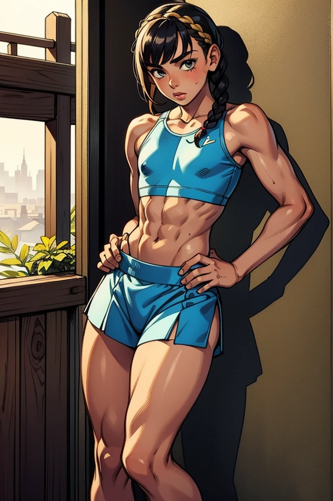 boy 14 yautiful teen boy is weara sport bra and too very much short mini skirt, the boy's legs are beautiful, tanned, bangs, flirty posing, hot summer, top quality, short braided hair, flat chest, six pack