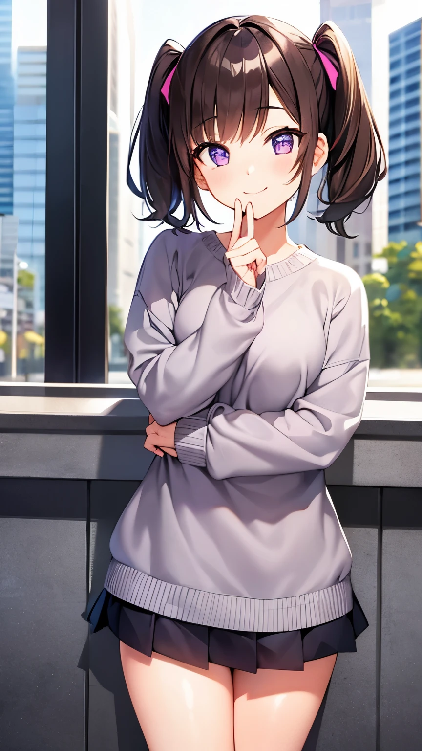 Girl, twintail short hair, brown hair, purple eyes, cute girl, smile, grey sweater, mini skirt, city