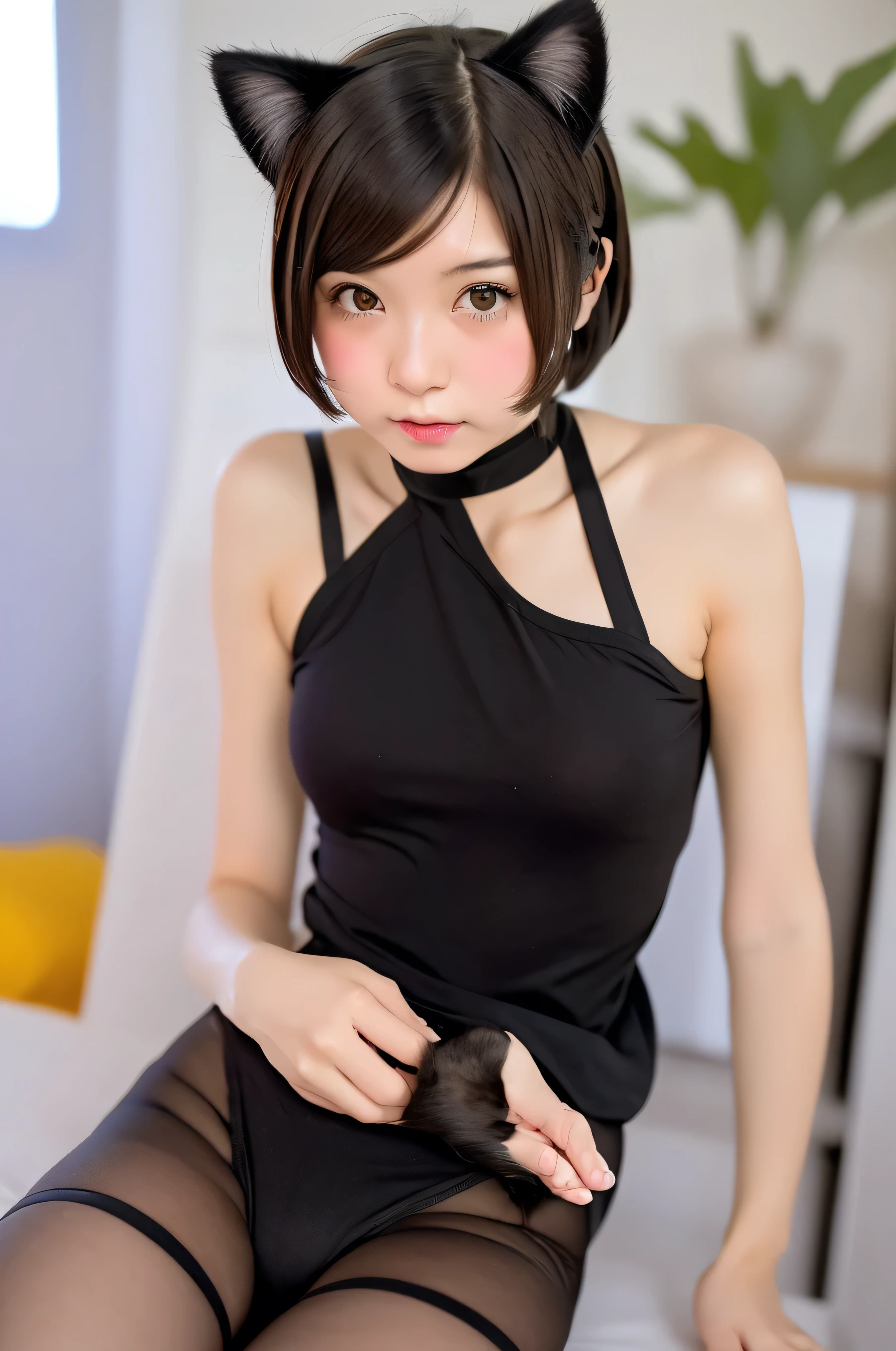 masterpiece, Bokeh, (Cat ear:1.4), Sitting on the beach at sunset, Looking at the audience, office lady, pantyhose,(masterpiece, Highest quality, It captures a very cute moment, Depth of written boundary, Super detailed, Ultra-high resolution, C4D, Octadale, 3D Modeling,Realistic human photos、 8k, 16K, One Girl,, 、Small breasts,Black Hair,short hair,Straight Hair,Light brown eyes,Cute Face), Bloomers, Black tank top, zettai ryouiki, Wet clothes,Classroom Nights,Moonlight, Good elevator, Take off、Real-life skin、Not an anime、Realistic、
