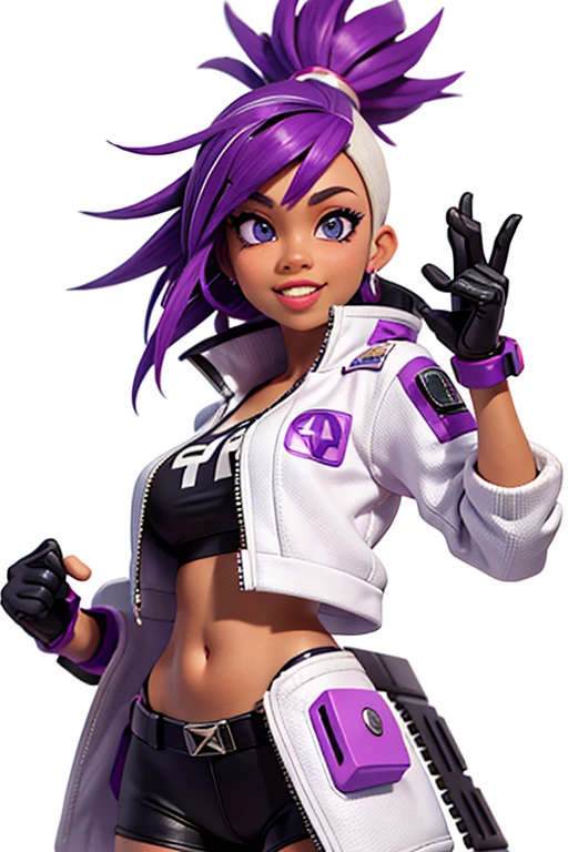 one,8k highly detailed, casual games, , 3D art style, Half body photo,White background,big eyes,cute,Model posing,mature African American woman,solid color background, purple Mohawk hair,Smile,(((White background))),((Cyberpunk clothing)),Punk clothes,cyberpunk style,Show belly,Face shot, purple Mohawk hair, playing a electric guitar, singing into a microphone, with big perfect lips.