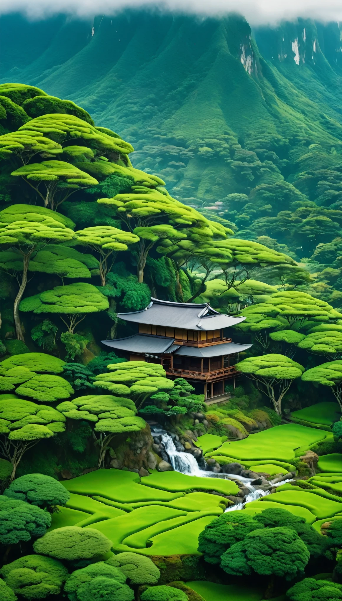 Green savana, tree in the middle, Beside the tree there is a japanese house, there are mountain with waterfall, morning vibes, top angle, 4K